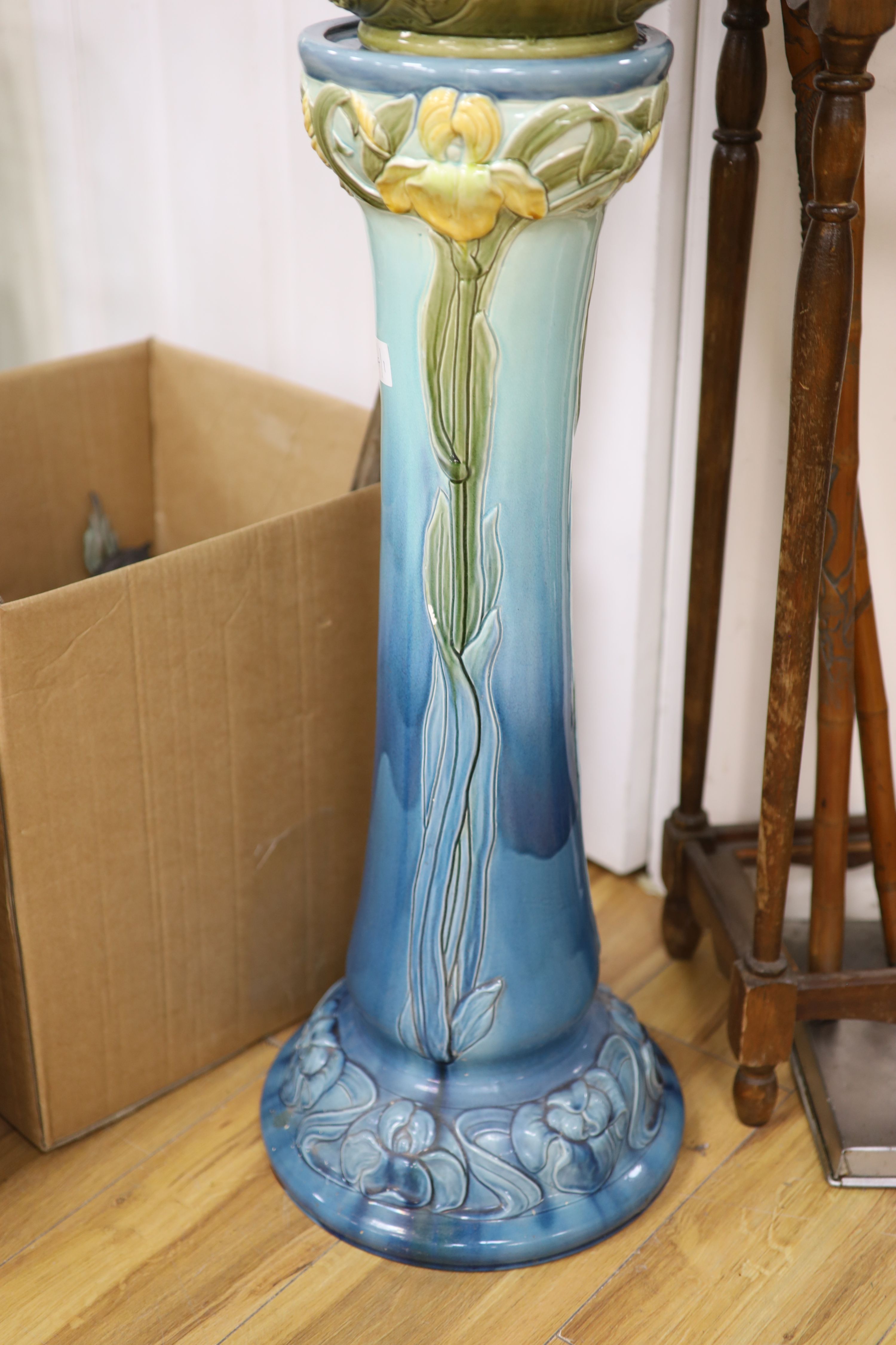 A Burmantoft Art Nouveau pedestal with associated jardiniere, overall 97cm